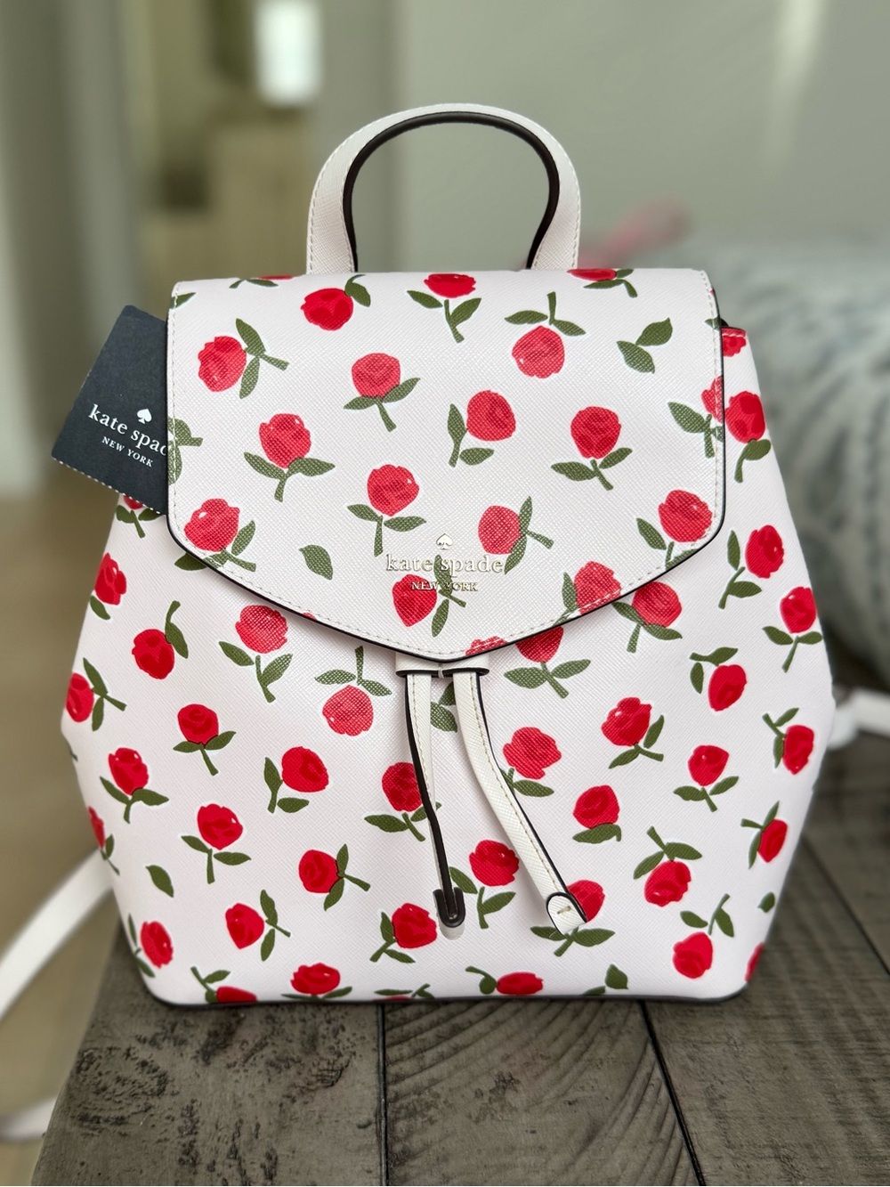 Kate Spade Beauty And The Beast Rosette Leather Backpack Rose Print